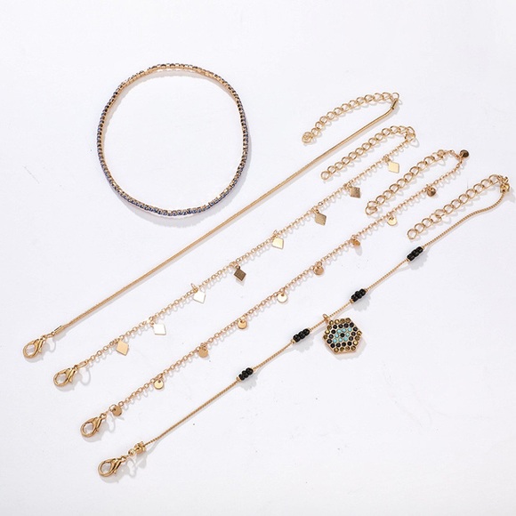 Geometric Beaded Anklet Set Gold Beaded Dangle - Picture 4 of 7